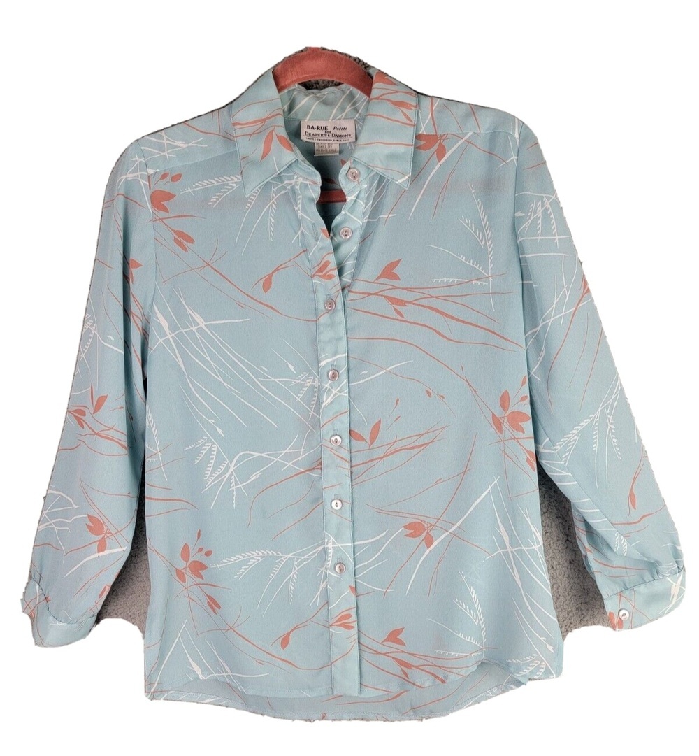 DA RUE Womens Blouse 4P Vintage 70s Button Up Light Blue Ethereal USA Timeless